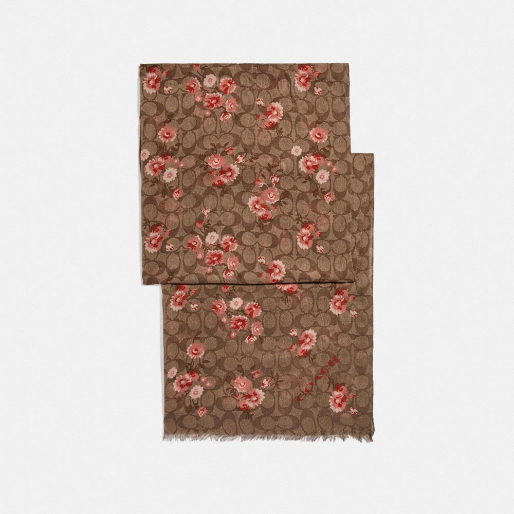 COACH F76447 - SIGNATURE PRAIRIE DAISY CLUSTER PRINT OBLONG SCARF KHAKI/CORAL