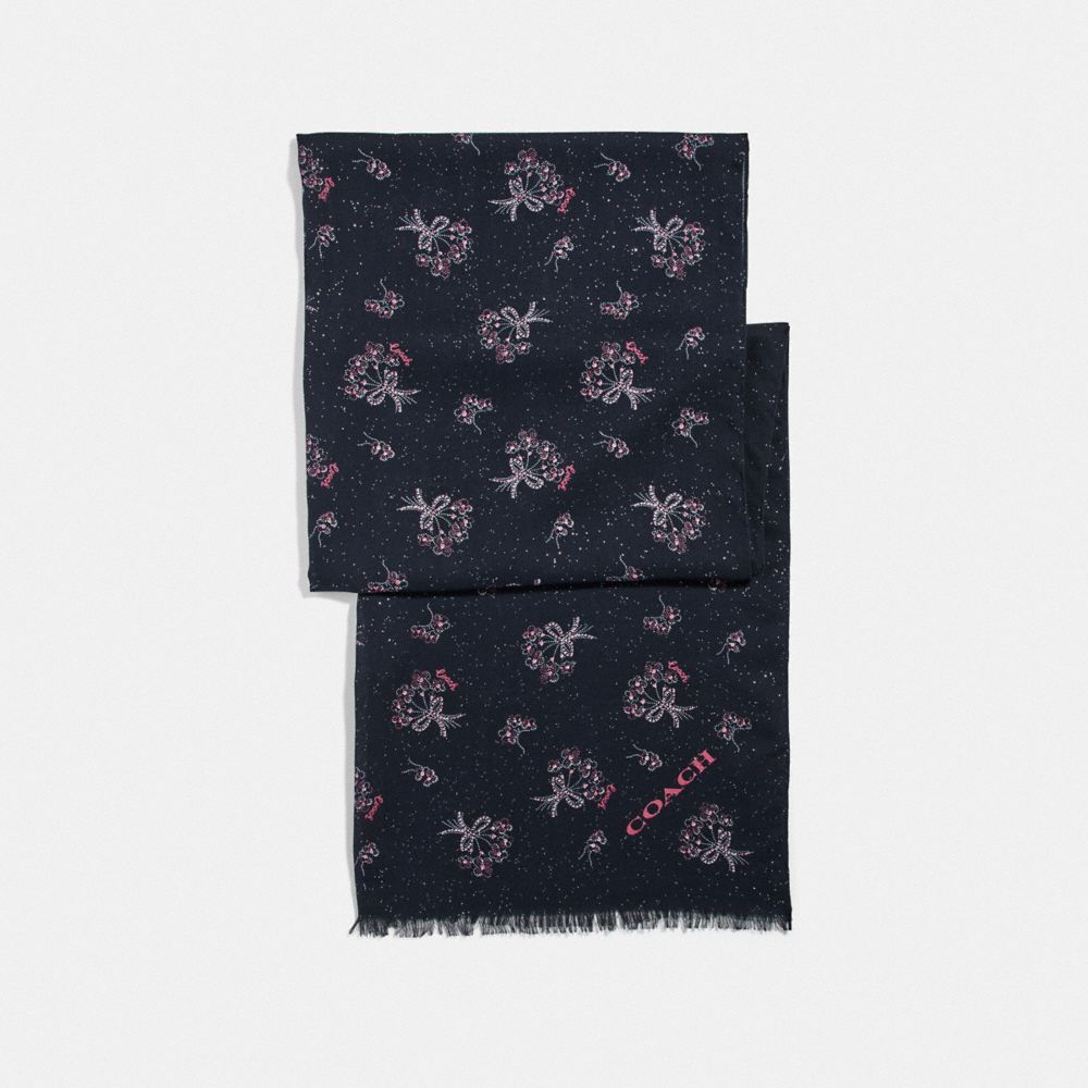 GLITTER RIBBON BOUQUET PRINT OBLONG SCARF - BLACK/PINK - COACH F76448