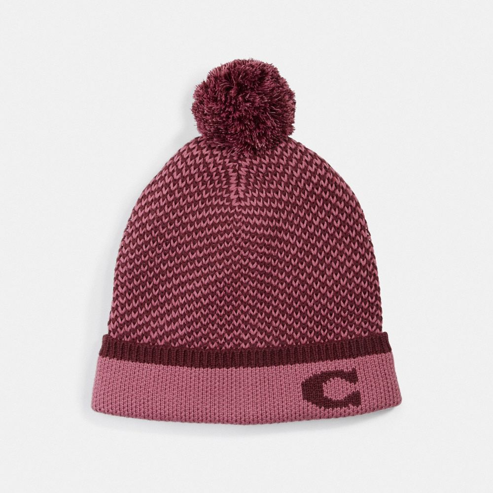 COLORBLOCKED KNIT HAT WITH POM POM - PINK - COACH F76492