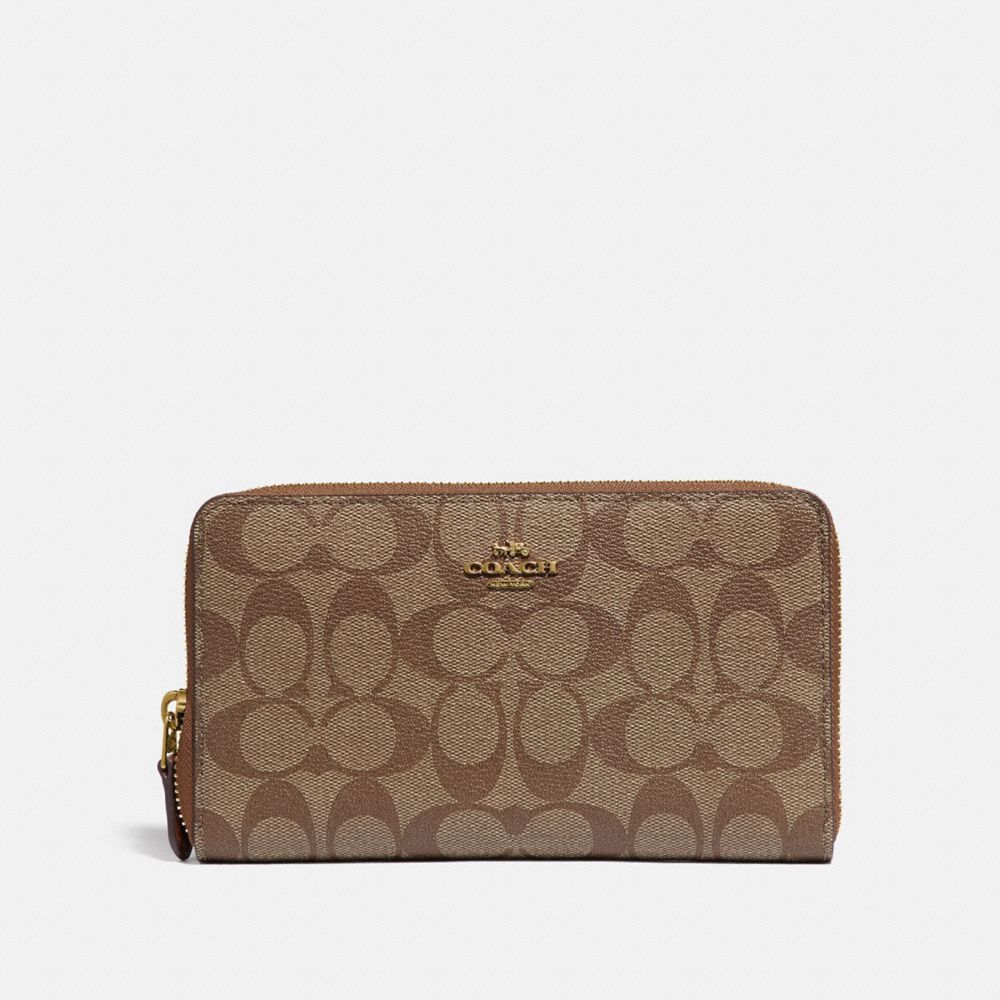 CONTINENTAL ZIP AROUND WALLET IN SIGNATURE CANVAS - KHAKI/SADDLE 2/GOLD - COACH F76579