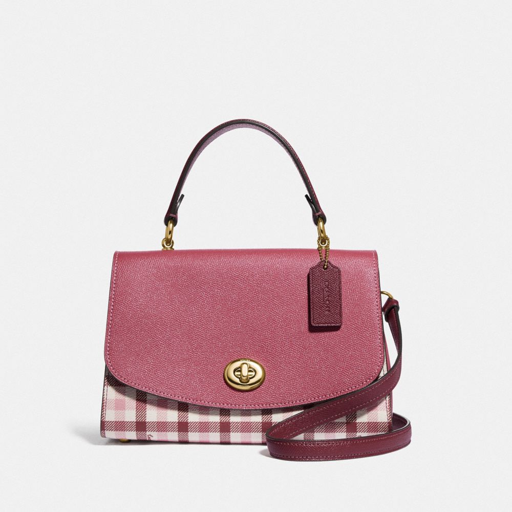 TILLY TOP HANDLE SATCHEL WITH GINGHAM PRINT - BROWN PINK MULTI/GOLD - COACH F76615
