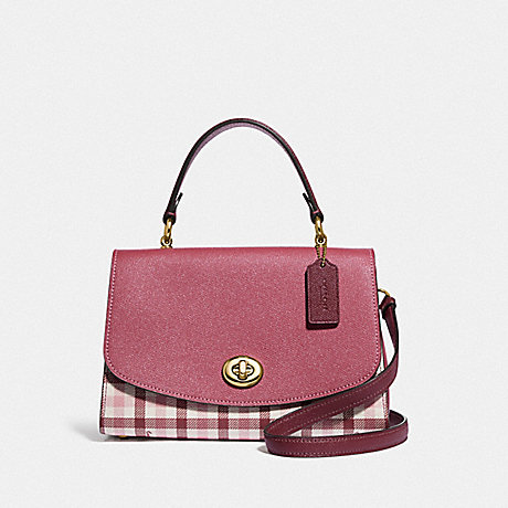COACH TILLY TOP HANDLE SATCHEL WITH GINGHAM PRINT - BROWN PINK MULTI/GOLD - F76615