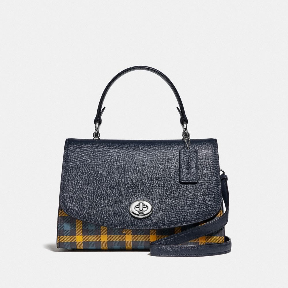 COACH TILLY TOP HANDLE SATCHEL WITH GINGHAM PRINT - NAVY YELLOW MULTI/SILVER - F76615