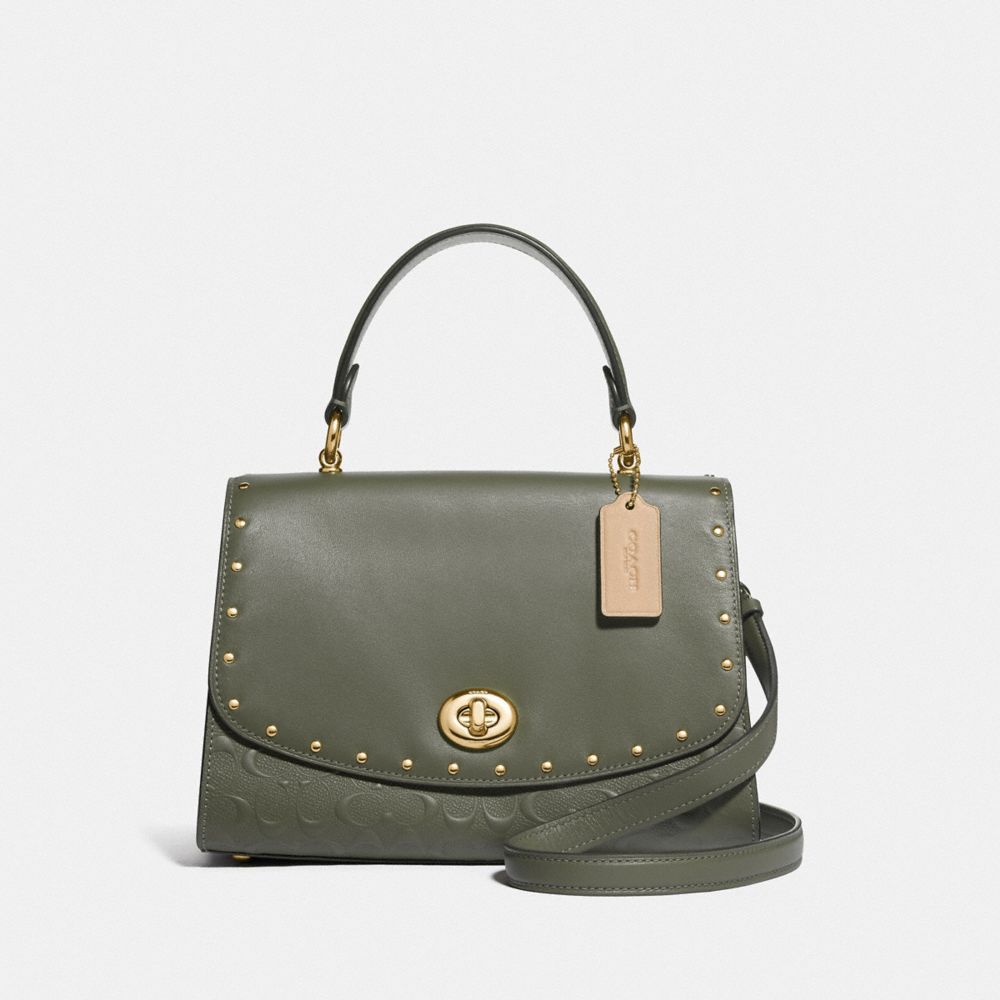 COACH F76616 Tilly Top Handle Satchel In Signature Leather With Rivets MILITARY GREEN/GOLD