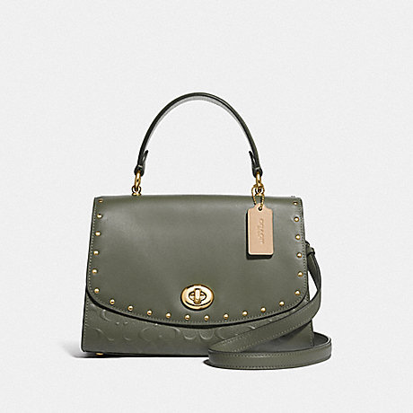COACH F76616 TILLY TOP HANDLE SATCHEL IN SIGNATURE LEATHER WITH RIVETS MILITARY GREEN/GOLD
