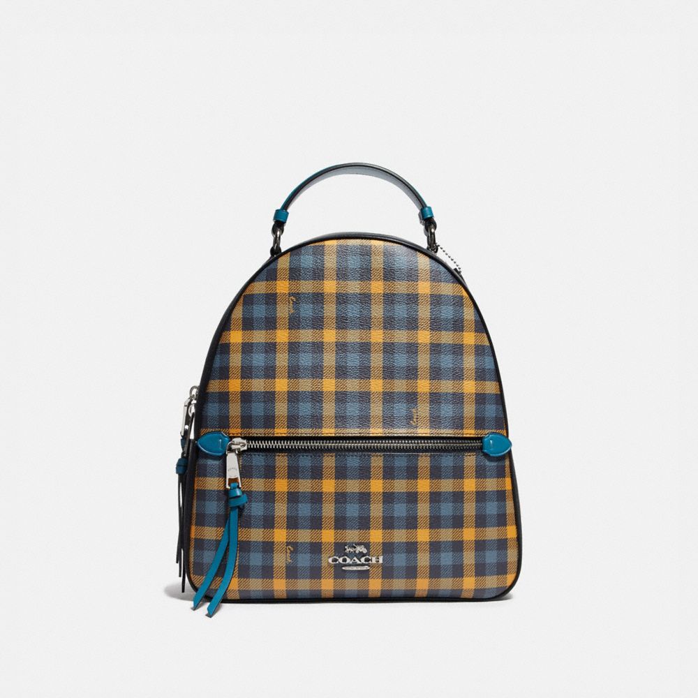 JORDYN BACKPACK WITH GINGHAM PRINT - F76625 - NAVY YELLOW MULTI/SILVER
