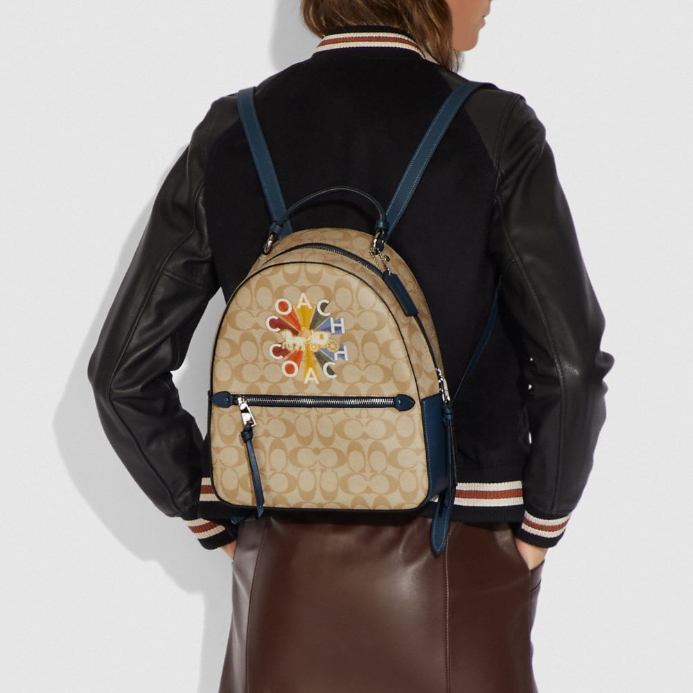 COACH F76626 JORDYN BACKPACK IN SIGNATURE CANVAS WITH COACH RADIAL RAINBOW LIGHT KHAKI/DENIM MULTI/SILVER