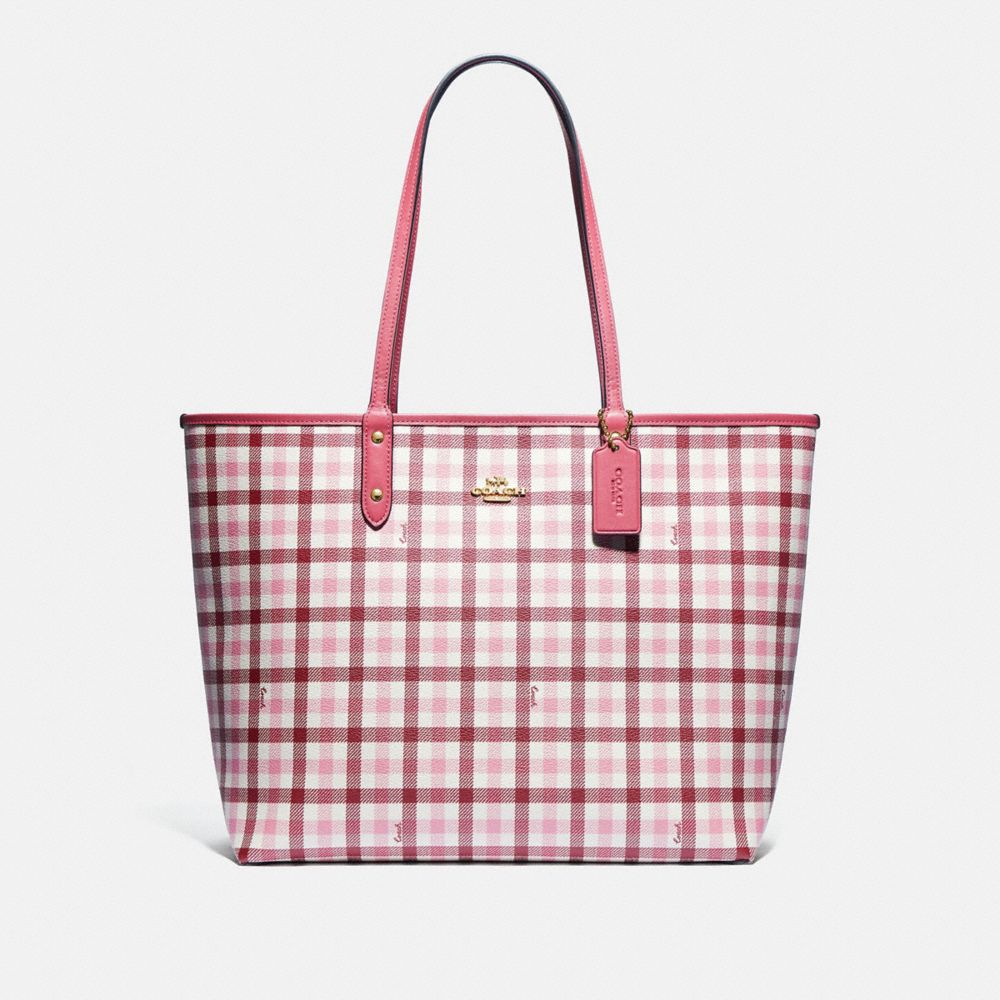 COACH F76631 - REVERSIBLE CITY TOTE WITH GINGHAM PRINT BROWN PINK MULTI/ROUGE/GOLD