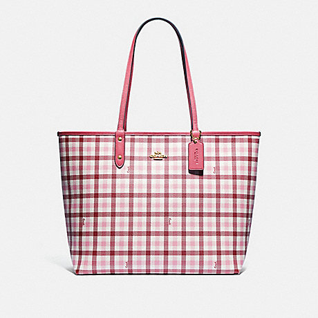 COACH REVERSIBLE CITY TOTE WITH GINGHAM PRINT - BROWN PINK MULTI/ROUGE/GOLD - F76631