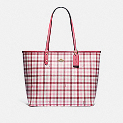 COACH F76631 Reversible City Tote With Gingham Print BROWN PINK MULTI/ROUGE/GOLD