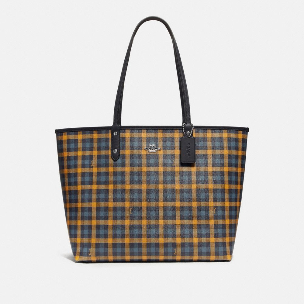 REVERSIBLE CITY TOTE WITH GINGHAM PRINT - NAVY YELLOW MULTI/MIDNIGHT/SILVER - COACH F76631