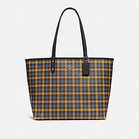 COACH REVERSIBLE CITY TOTE WITH GINGHAM PRINT - NAVY YELLOW MULTI/MIDNIGHT/SILVER - F76631