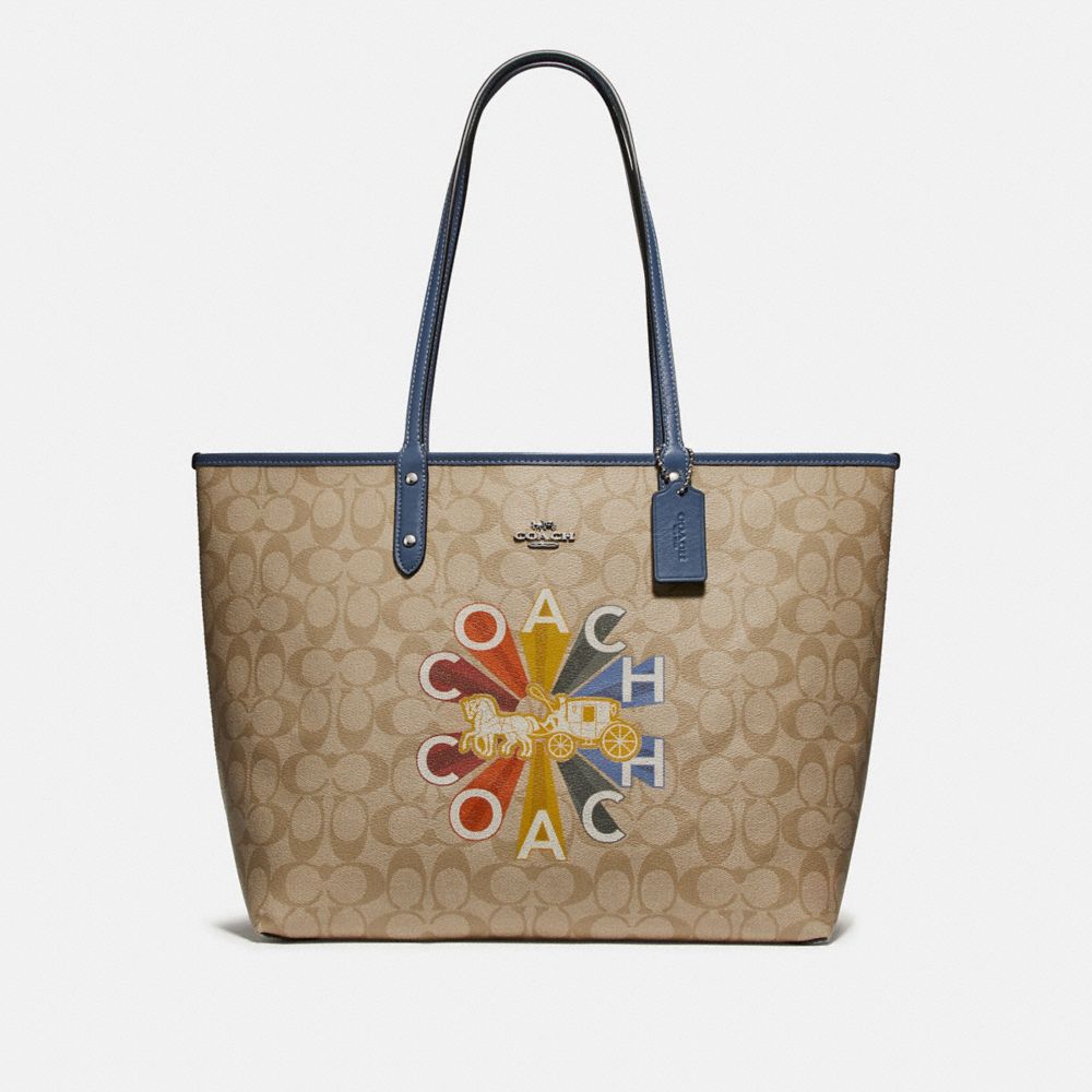 COACH F76632 Reversible City Tote In Signature Canvas With Coach Radial Rainbow LIGHT KHAKI MUTLI/DENIM/SILVER