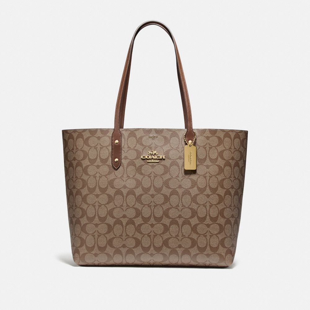 COACH F76636 TOWN TOTE IN SIGNATURE CANVAS KHAKI/SADDLE 2/IMITATION GOLD