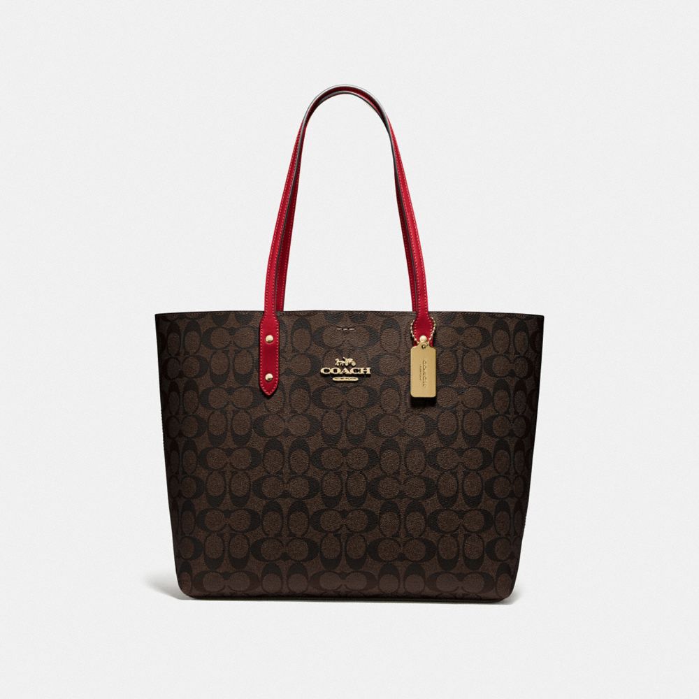 COACH F76636 - TOWN TOTE IN SIGNATURE CANVAS BROWN/TRUE RED/IMITATION GOLD