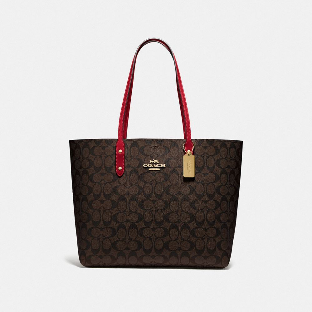 COACH F76636 Town Tote In Signature Canvas BROWN/TRUE RED/IMITATION GOLD