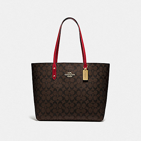 COACH F76636 TOWN TOTE IN SIGNATURE CANVAS BROWN/TRUE RED/IMITATION GOLD