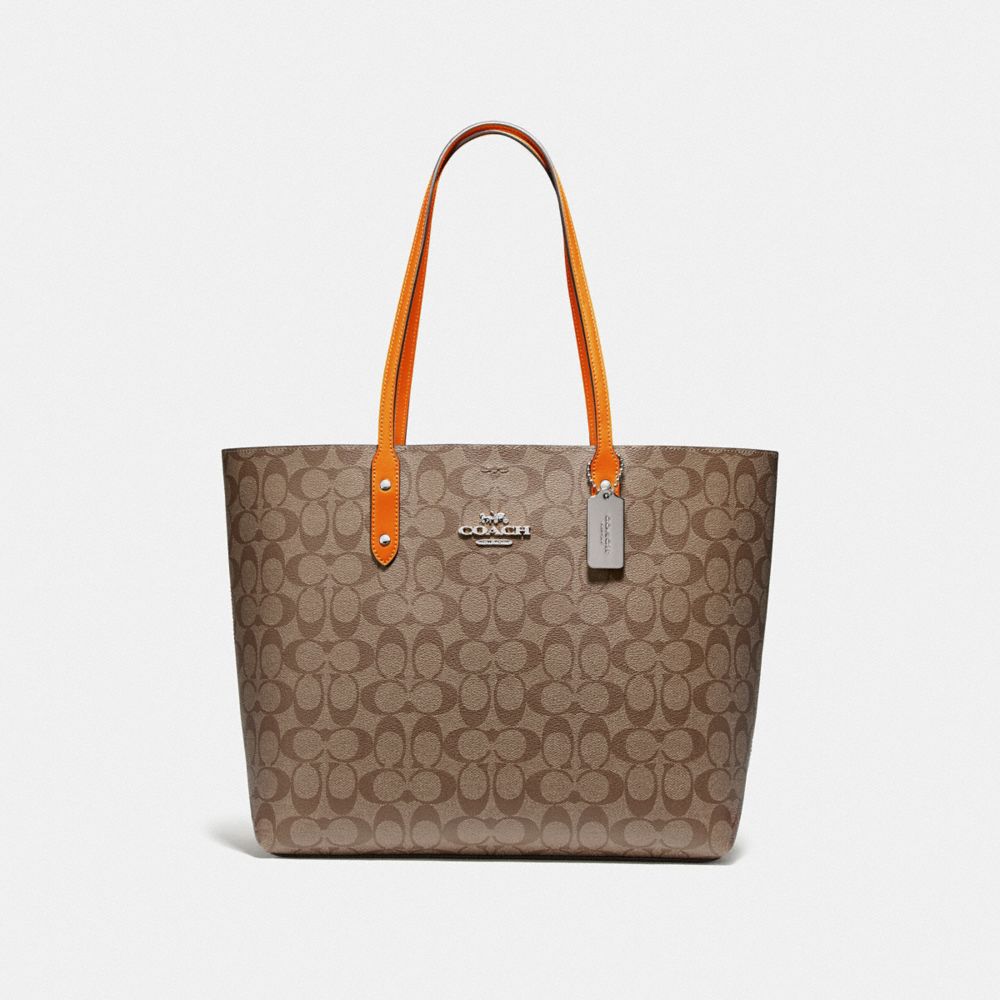 COACH F76636 - TOWN TOTE IN SIGNATURE CANVAS KHAKI/DARK ORANGE/SILVER