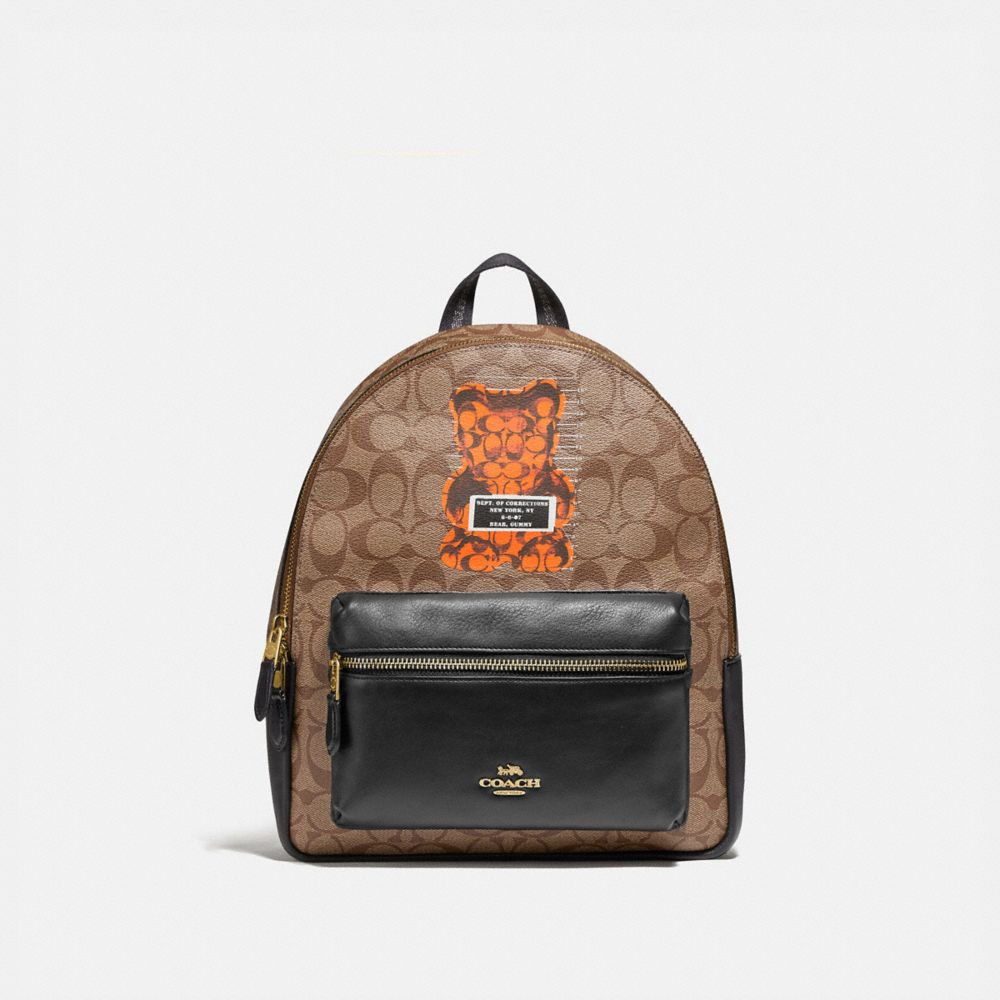 COACH F76657 Medium Charlie Backpack In Signature Canvas With Vandal Gummy KHAKI MULTI /GOLD