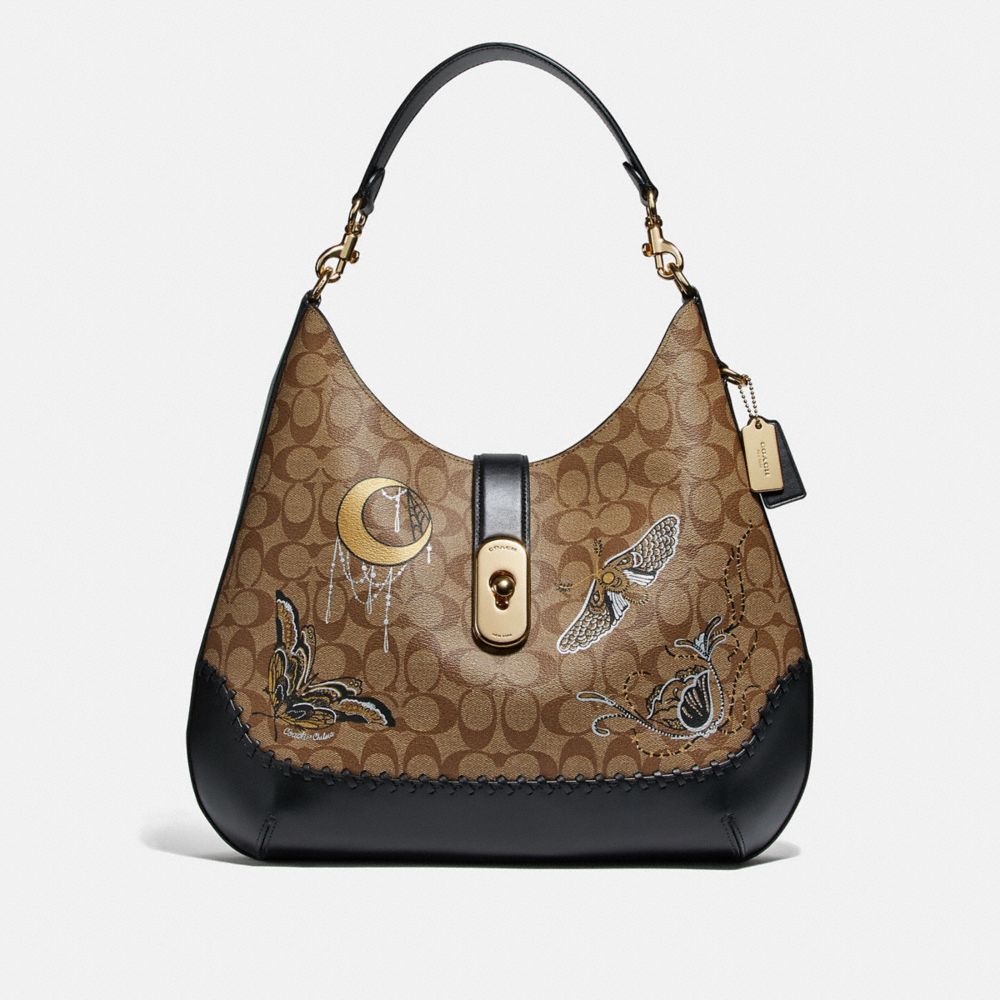 COACH F76660 LARGE AMBER HOBO IN SIGNATURE CANVAS WITH CHELSEA ANIMATION AND WHIPSTITCH KHAKI/BLACK MULTI/IMITATION GOLD