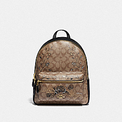 MEDIUM CHARLIE BACKPACK IN SIGNATURE CANVAS WITH CHELSEA ANIMATION - F76667 - KHAKI/BLACK MULTI/IMITATION GOLD