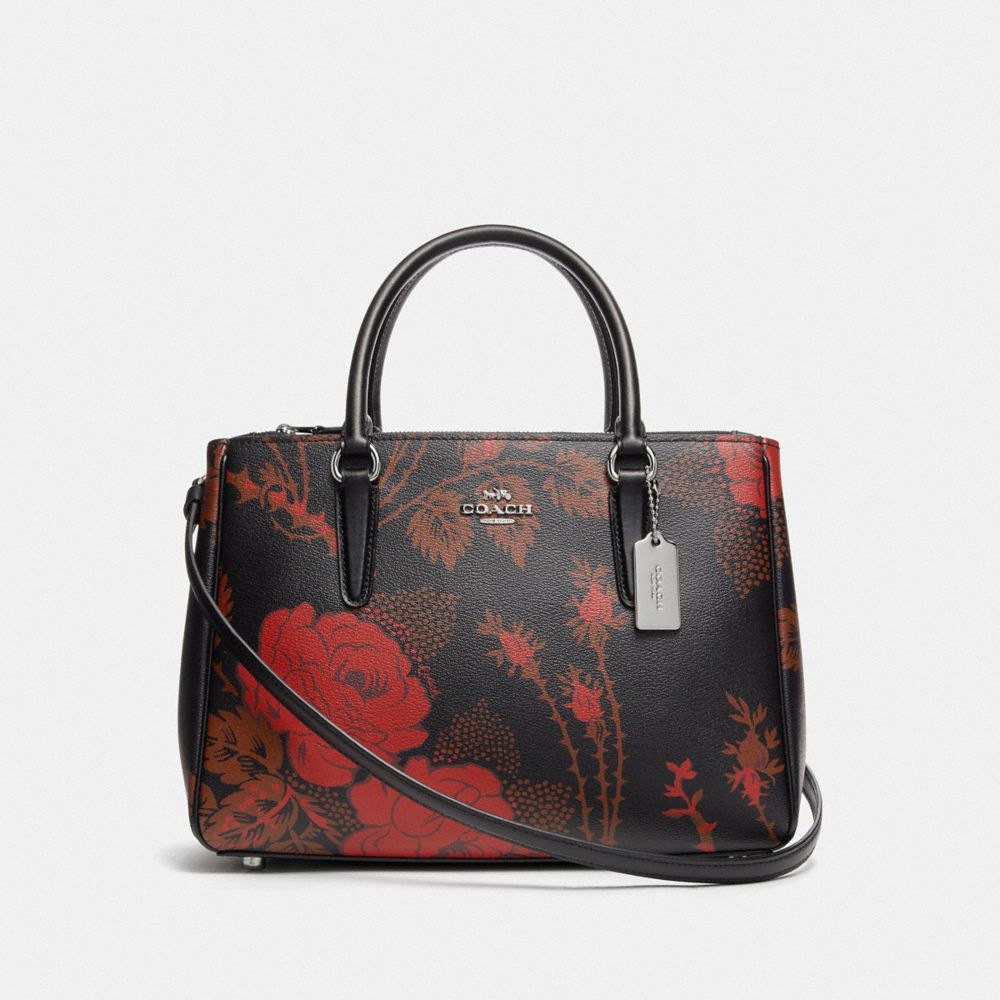 COACH F76681 SURREY CARRYALL WITH THORN ROSES PRINT BLACK RED MULTI/SILVER