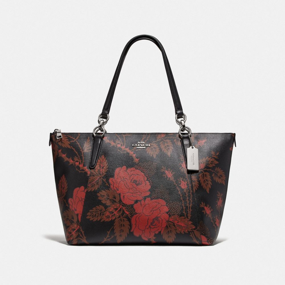 COACH F76683 AVA TOTE WITH THORN ROSES PRINT BLACK RED MULTI/SILVER