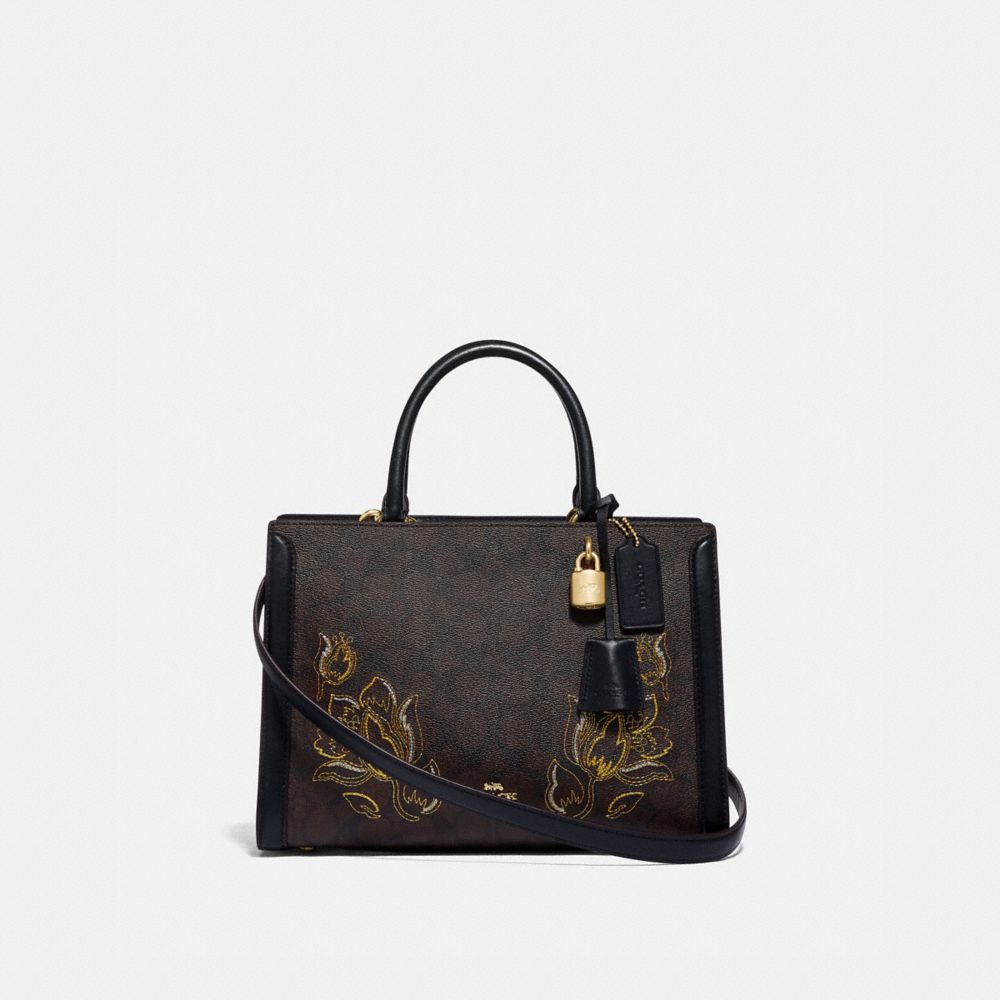 ZOE CARRYALL IN SIGNATURE CANVAS WITH TULIP PRINT EMBROIDERY - F76704 - IM/BROWN BLACK MULTI