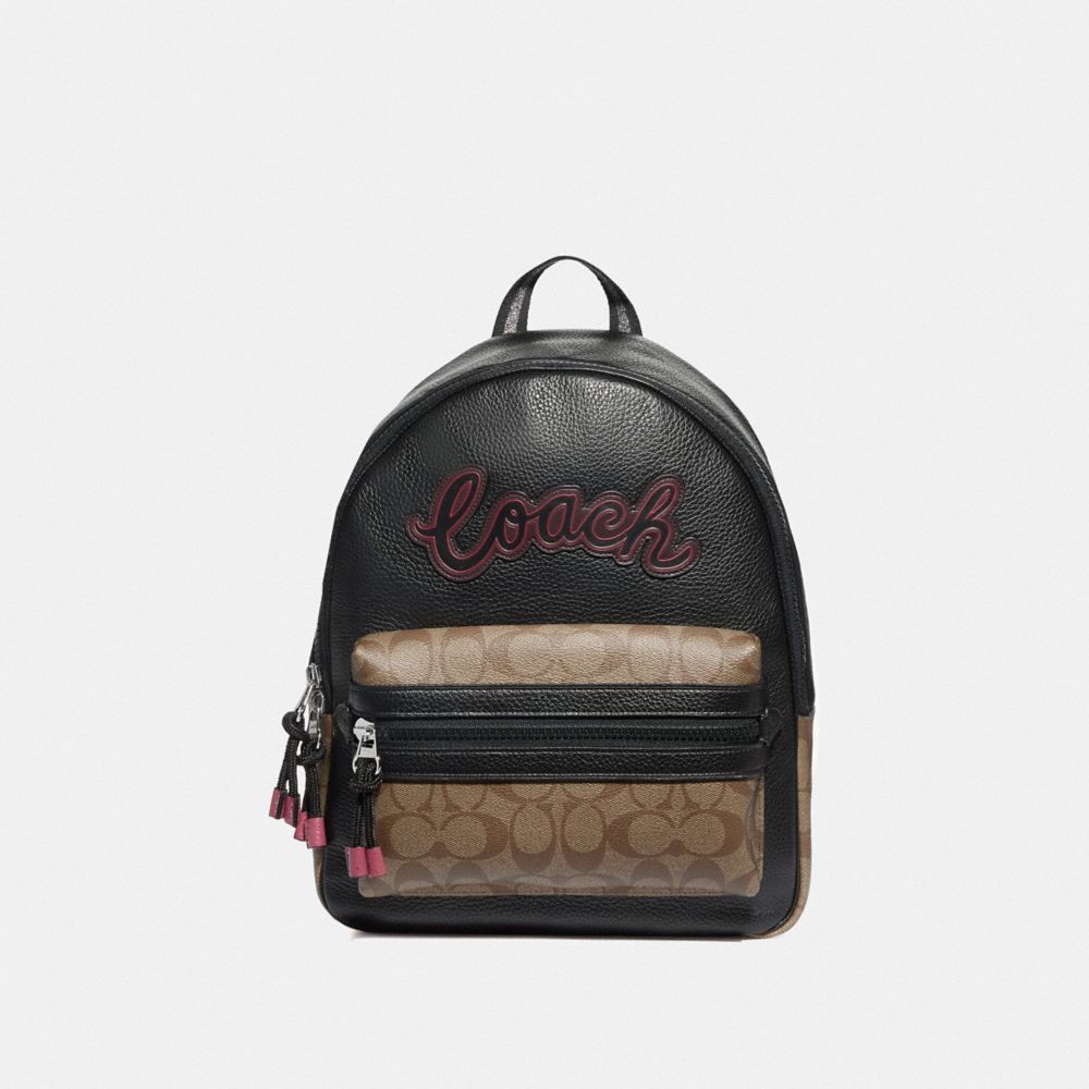 COACH VALE BACKPACK WITH SIGNATURE CANVAS DETAIL - KHAKI BLACK MULTI/SILVER - F76747