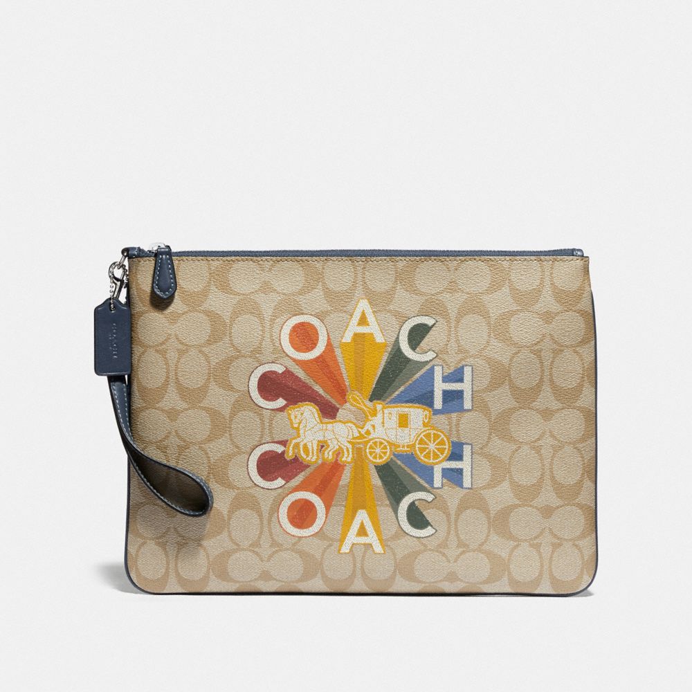 LARGE WRISTLET 30 IN SIGNATURE CANVAS WITH COACH RADIAL RAINBOW - LIGHT KHAKI/DENIM MULTI/SILVER - COACH F76751