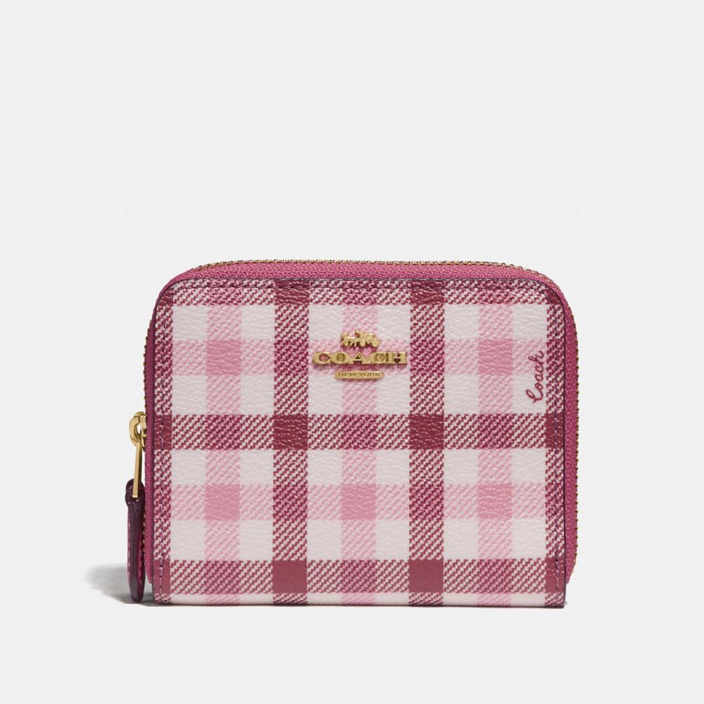 COACH SMALL DOUBLE ZIP AROUND WALLET IN SIGNATURE CANVAS AND GINGHAM PRINT - ROUGE LIGHT KHAKI MULTI/GOLD - F76753