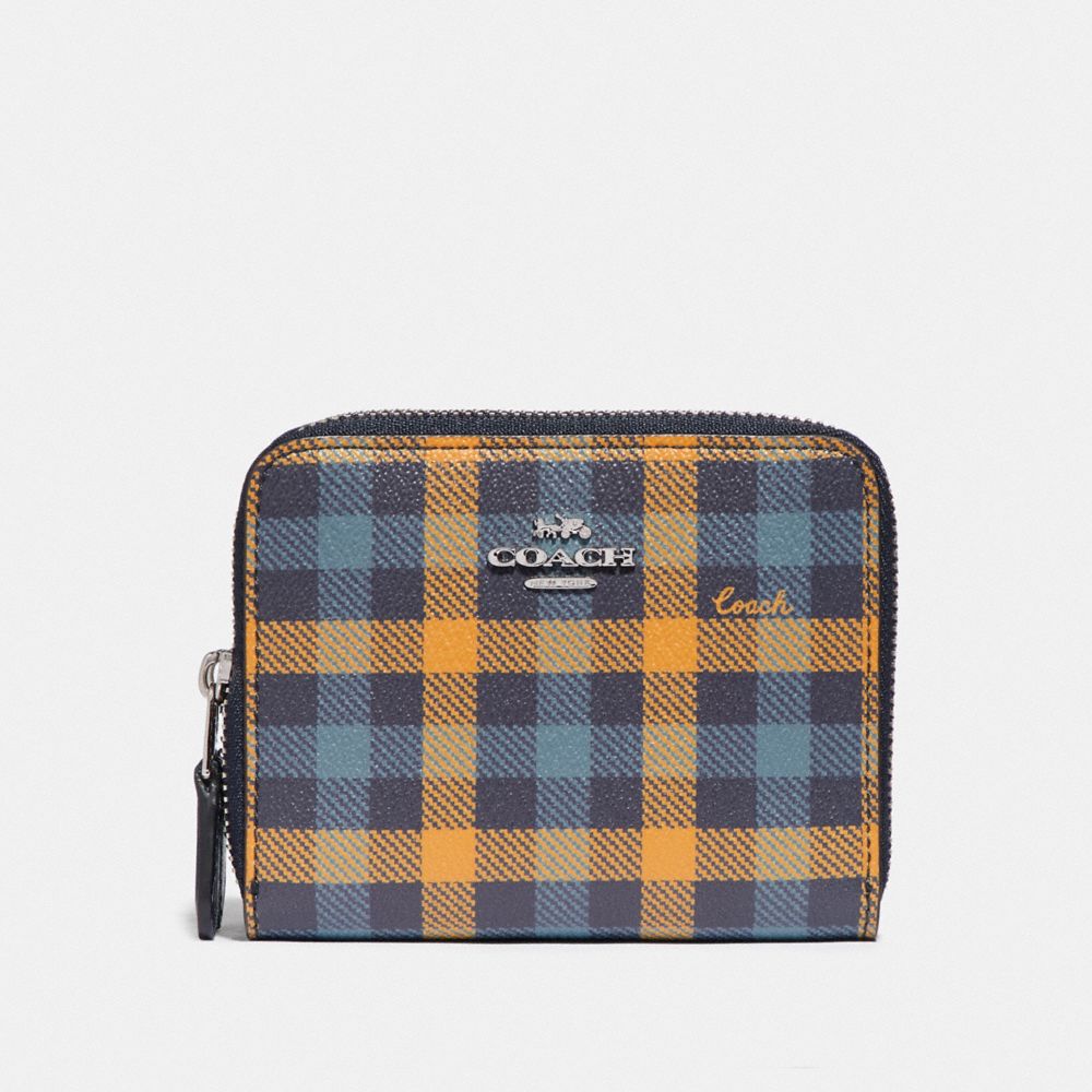 COACH F76753 SMALL DOUBLE ZIP AROUND WALLET IN SIGNATURE CANVAS AND GINGHAM PRINT NAVY KHAKI MULTI/SILVER