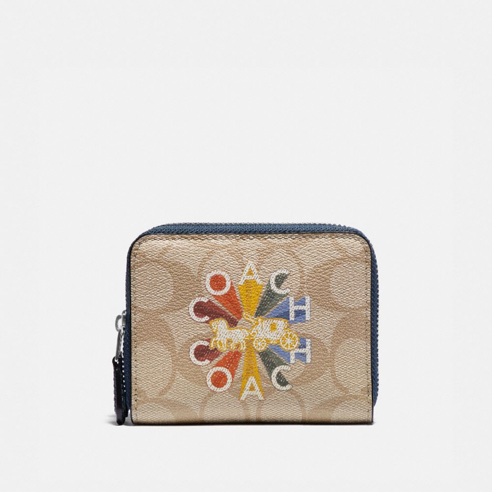 COACH F76754 - SMALL DOUBLE ZIP AROUND WALLET IN SIGNATURE CANVAS WITH COACH RADIAL RAINBOW LIGHT KHAKI/DENIM MULTI/SILVER