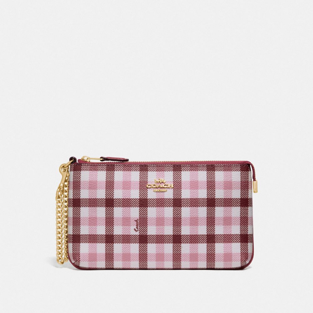 COACH F76765 Large Wristlet With Gingham Print BROWN PINK MULTI/GOLD