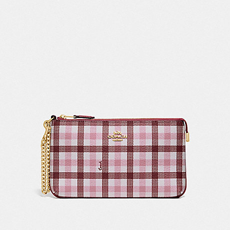 COACH F76765 LARGE WRISTLET WITH GINGHAM PRINT BROWN PINK MULTI/GOLD