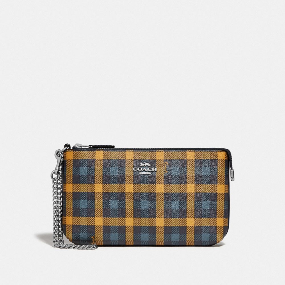 COACH F76765 - LARGE WRISTLET WITH GINGHAM PRINT NAVY YELLOW MULTI/SILVER