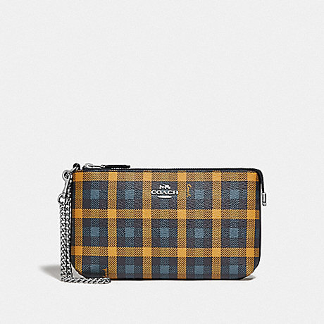 COACH F76765 LARGE WRISTLET WITH GINGHAM PRINT NAVY-YELLOW-MULTI/SILVER