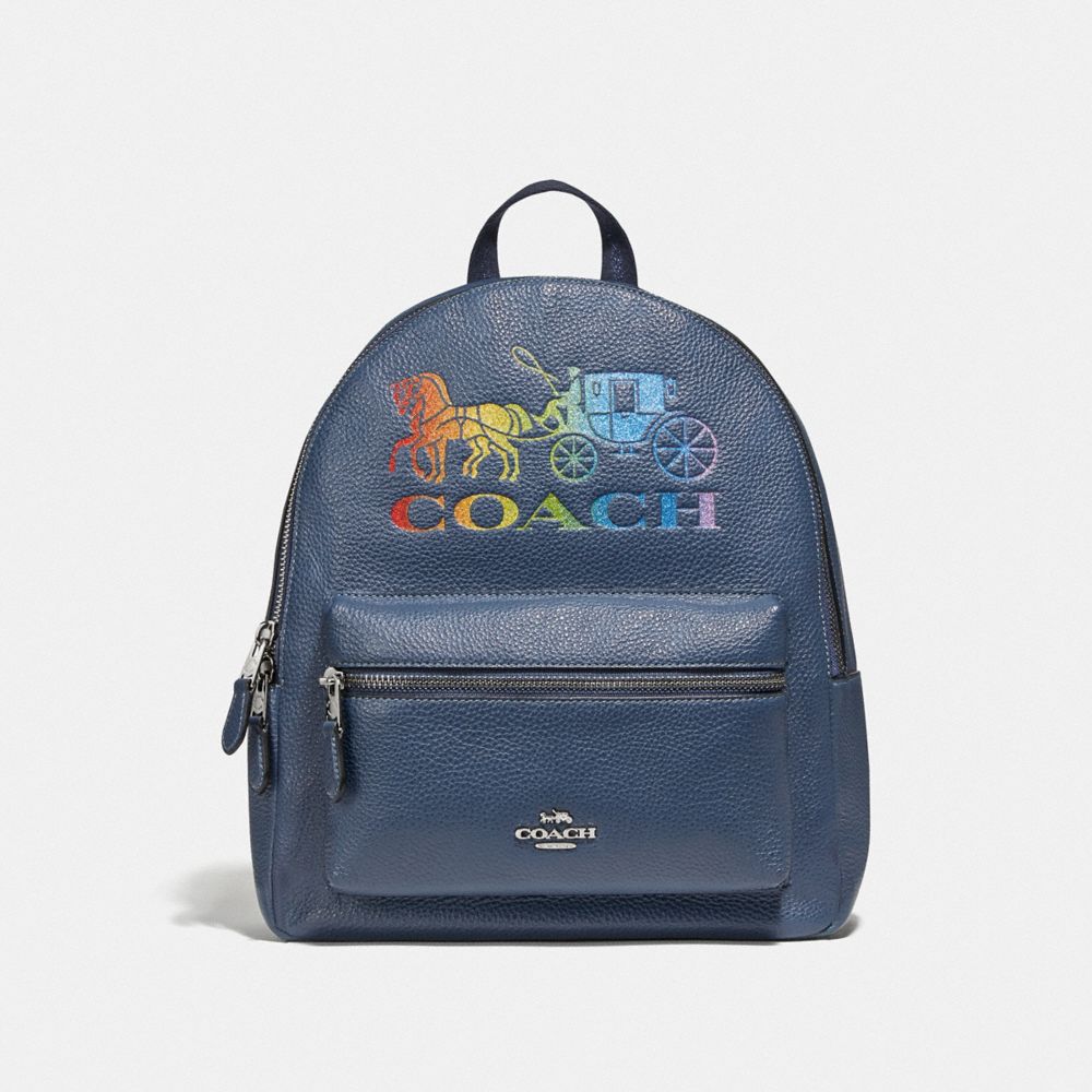 COACH F76772 JES BACKPACK WITH RAINBOW HORSE AND CARRIAGE DENIM/MULTI/SILVER