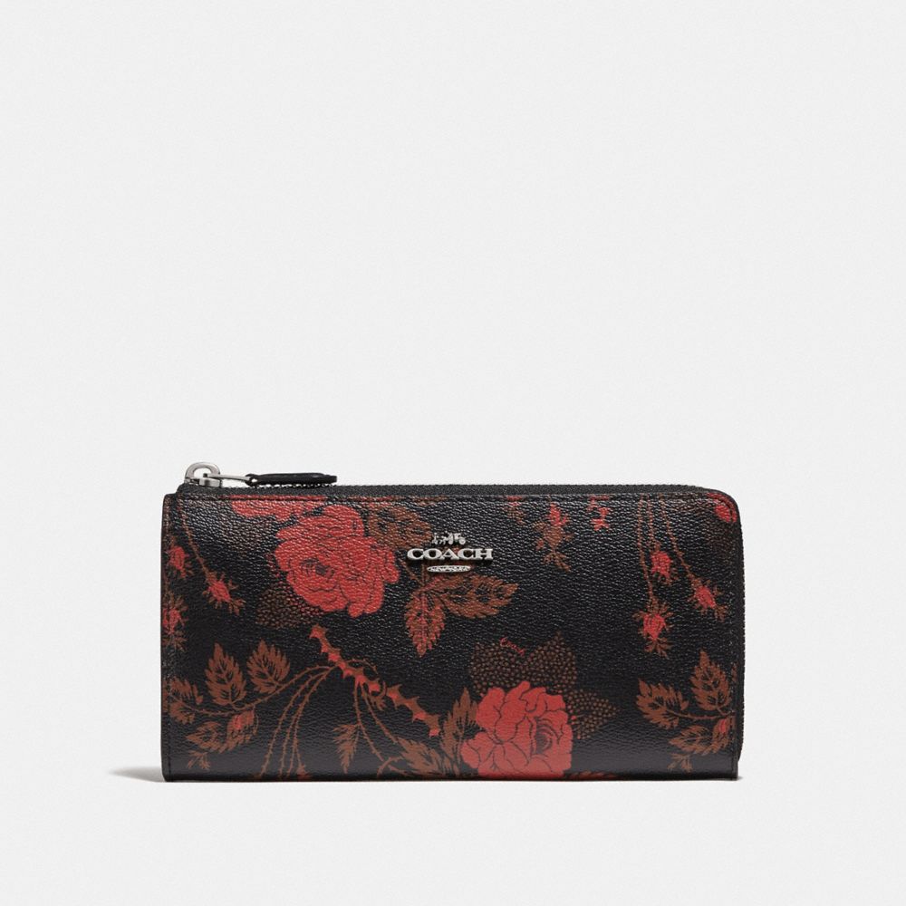 COACH F76774 L-zip Wallet With Thorn Roses Print BLACK RED MULTI/SILVER