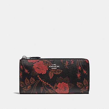 COACH L-ZIP WALLET WITH THORN ROSES PRINT - BLACK RED MULTI/SILVER - F76774