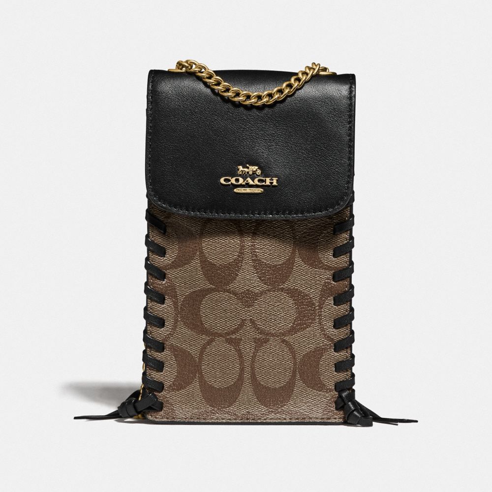 COACH F76781 - NORTH/SOUTH PHONE CROSSBODY IN SIGNATURE CANVAS WITH WHIPSTITCH KHAKI/BLACK/IMITATION GOLD