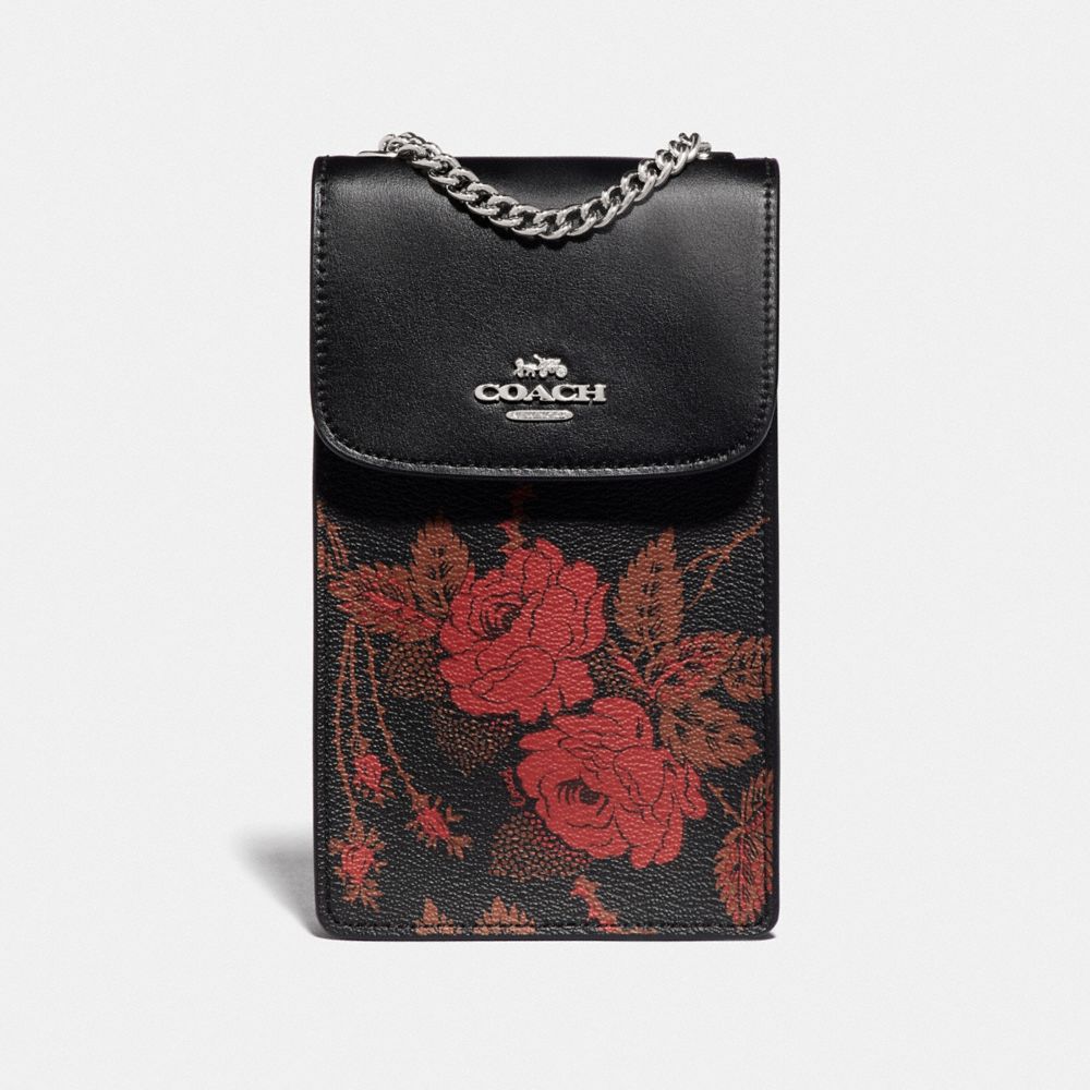 NORTH/SOUTH PHONE CROSSBODY WITH THORN ROSES PRINT - F76782 - BLACK RED MULTI/SILVER