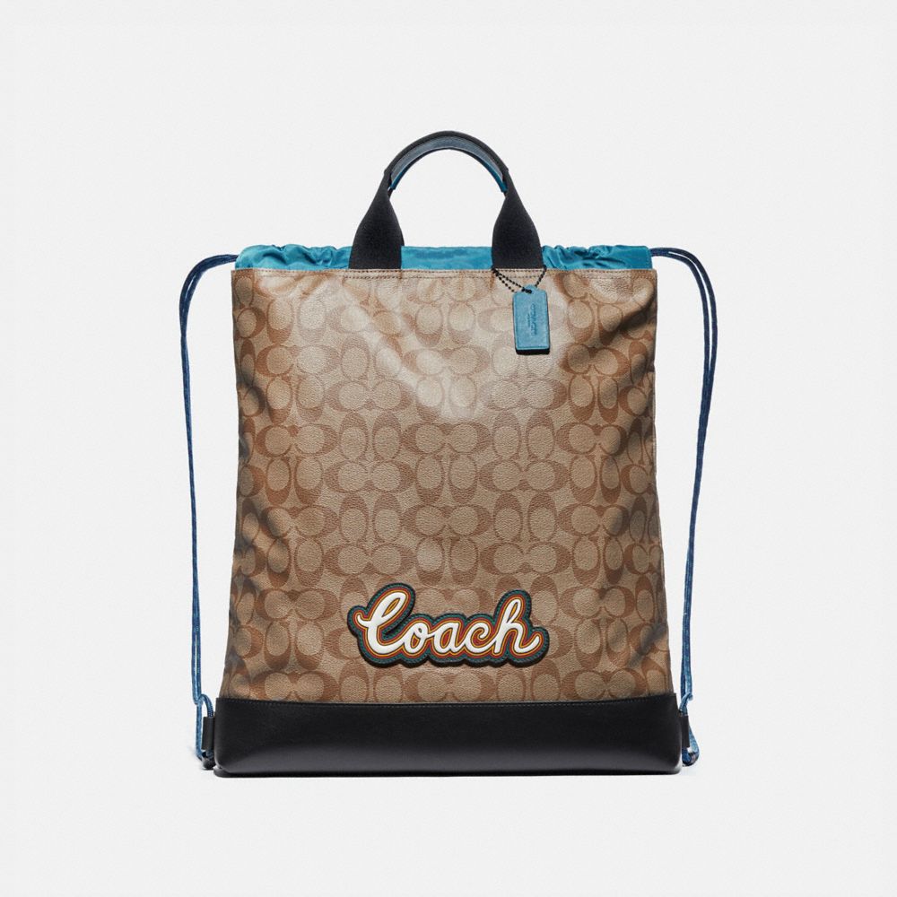 COACH F76792 - TERRAIN DRAWSTRING BACKPACK IN SIGNATURE CANVAS WITH COACH SCRIPT TAN/BLACK ANTIQUE NICKEL