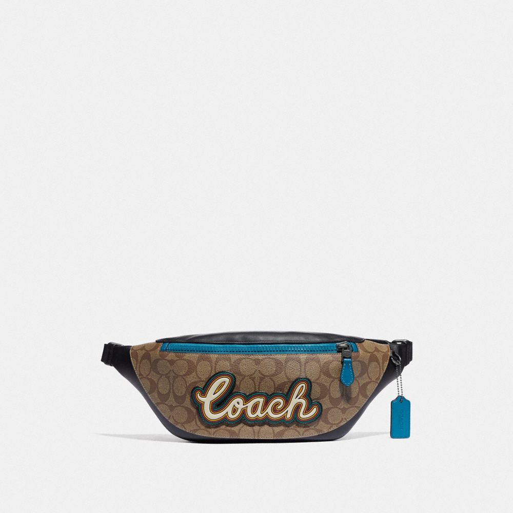 COACH F76795 Warren Belt Bag In Signature Canvas With Coach Script TAN/BLACK ANTIQUE NICKEL