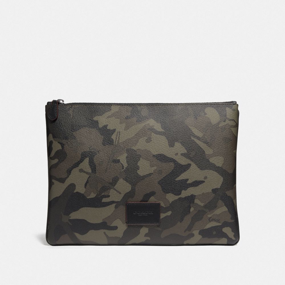 COACH F76852 LARGE POUCH WITH CAMO PRINT GREEN/BLACK-ANTIQUE-NICKEL