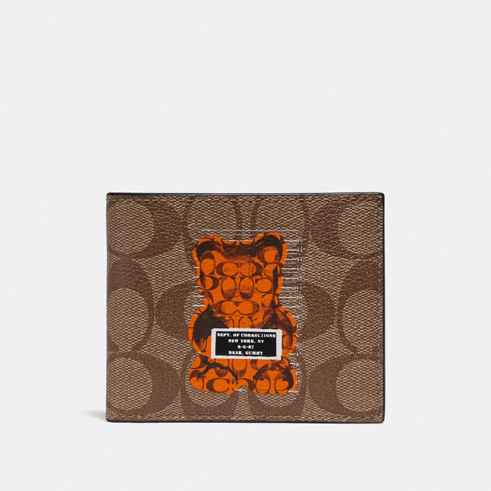 COACH F76857 ID BILLFOLD WALLET IN SIGNATURE CANVAS WITH VANDAL GUMMY TAN/BLACK-ANTIQUE-NICKEL