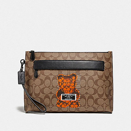 COACH F76858 CARRYALL POUCH IN SIGNATURE CANVAS WITH VANDAL GUMMY TAN/BLACK-ANTIQUE-NICKEL