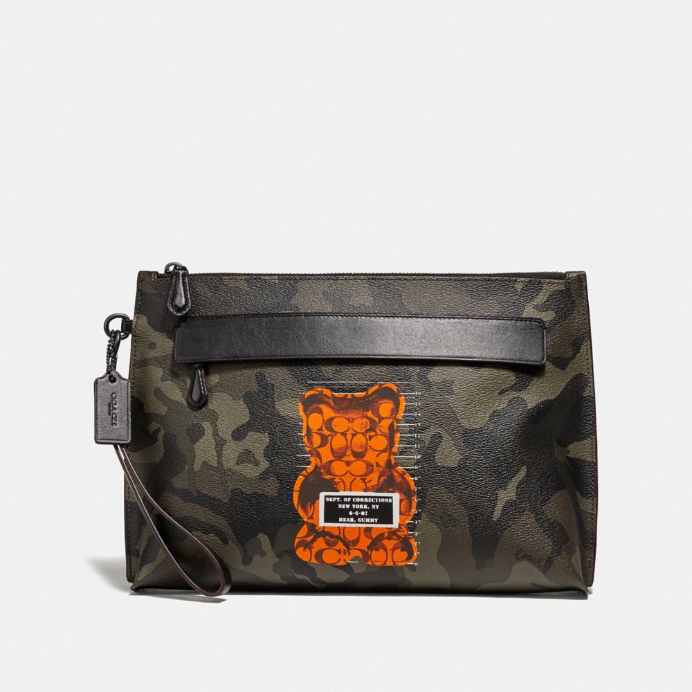 COACH F76860 CARRYALL POUCH WITH CAMO PRINT AND VANDAL GUMMY GREEN/BLACK-ANTIQUE-NICKEL