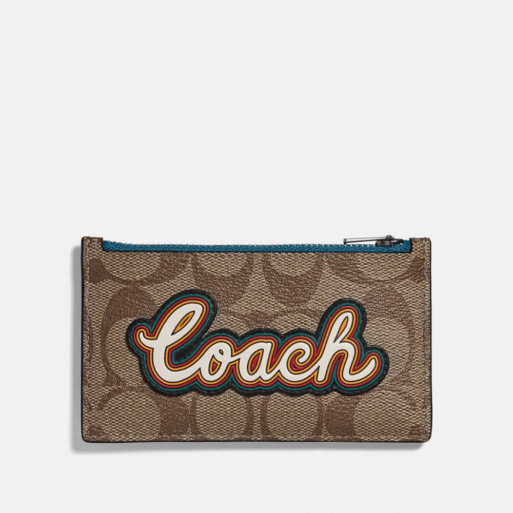 COACH F76866 Zip Card Case In Signature Canvas With Coach Script TAN/BLACK ANTIQUE NICKEL