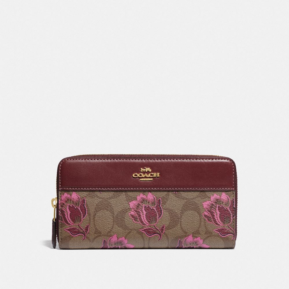 COACH F76871 ACCORDION ZIP WALLET IN SIGNATURE CANVAS WITH DESERT TULIP PRINT IM/KHAKI PINK MULTI